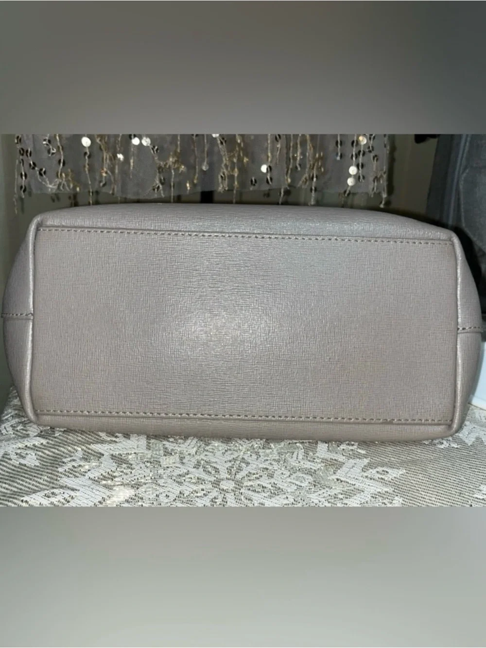 Furla Pearl Gray Italian Saffiano Leather Tote Purse Bag with Charm EUC
